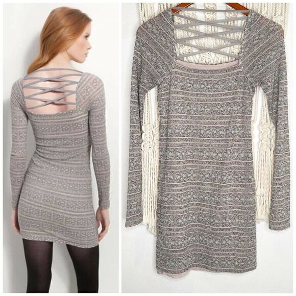 Free People Mini Bodycon Dress SZ SM “Good Girl Bad” Blush Gray Lace Strapy Back - Picture 1 of 9